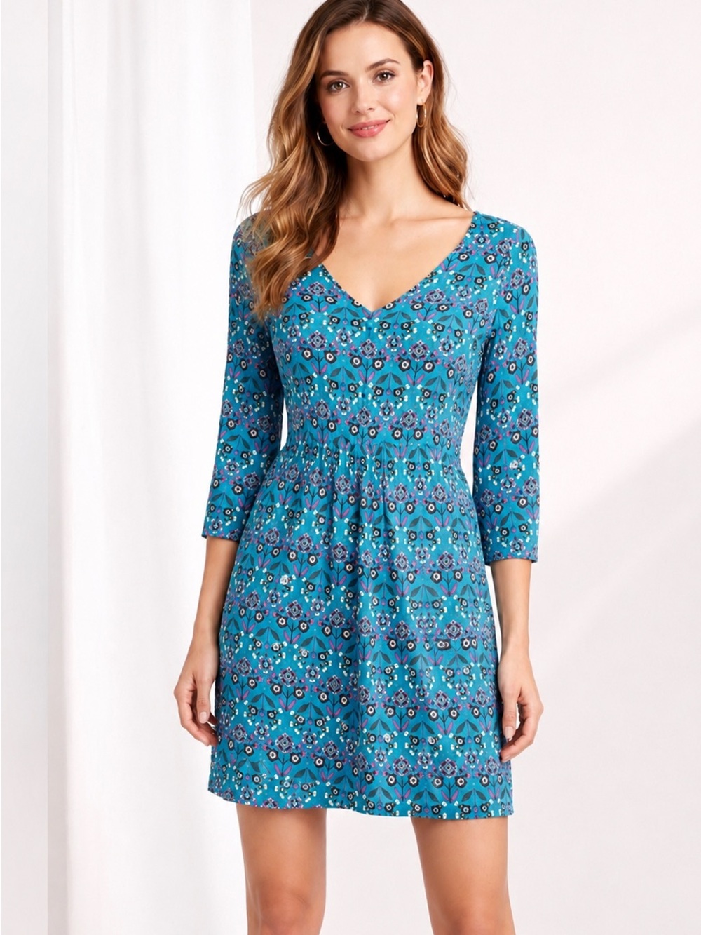 Boden Turquoise Floral Jersey Knit Mini Dress | Bell Sleeves | Women’s 4R